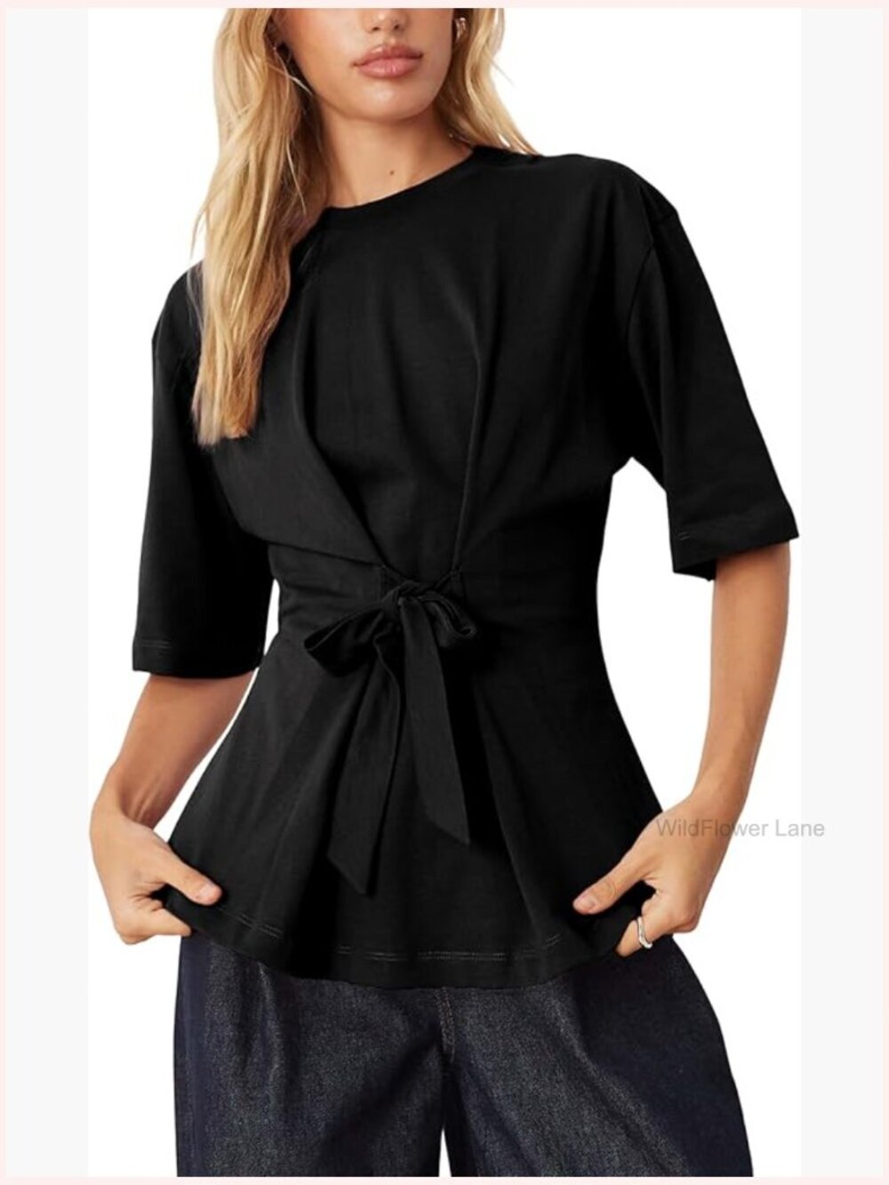 Oversized Tie Waist T Shirt Crew Neck Half Sleeve Relaxed Fit Top